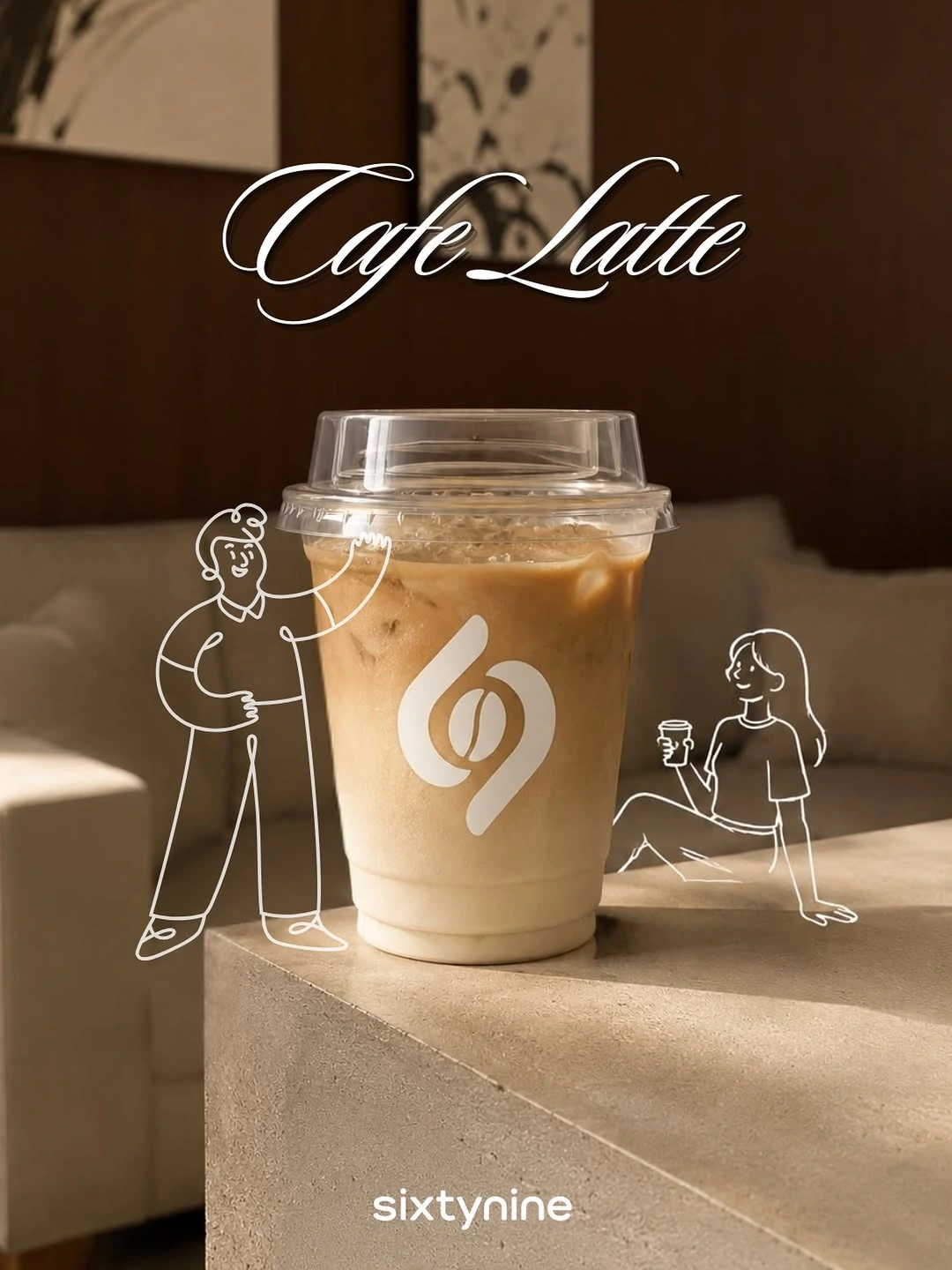 Cafe Latte dalam cup berlogo SIXTYNINE Kediri